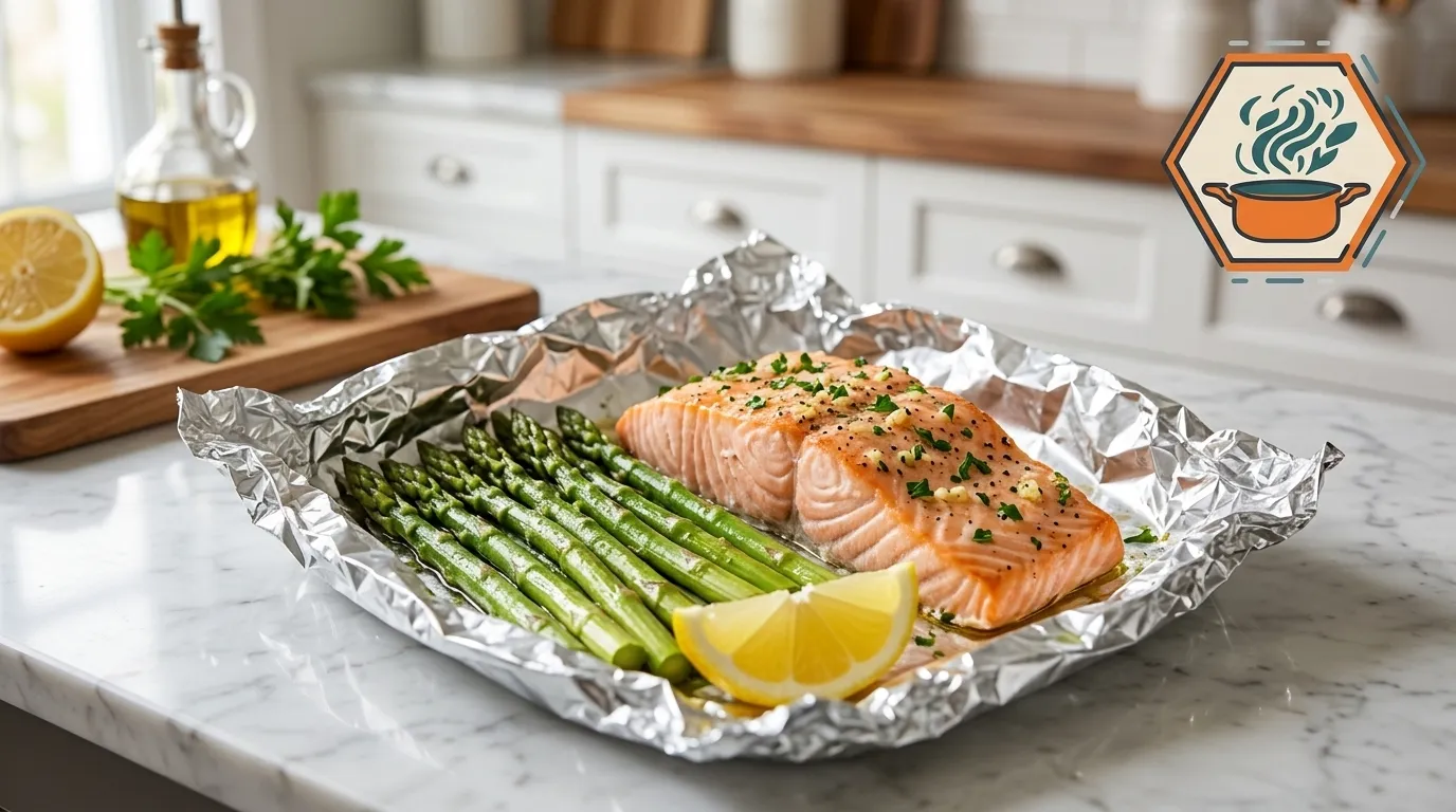 Garlic Lemon Salmon and Asparagus Foil Packets 8 Garlic lemon salmon and asparagus foil packet with fresh parsley and lemon