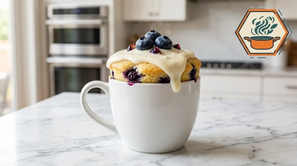 Sugar-free blueberry cheesecake mug cake in a white ceramic mug with cream cheese frosting and fresh blueberries