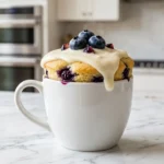 Sugar-free blueberry cheesecake mug cake in a white ceramic mug with cream cheese frosting and fresh blueberries