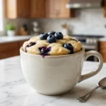 Sugar-free blueberry mug cake with fresh blueberries on a white marble counter