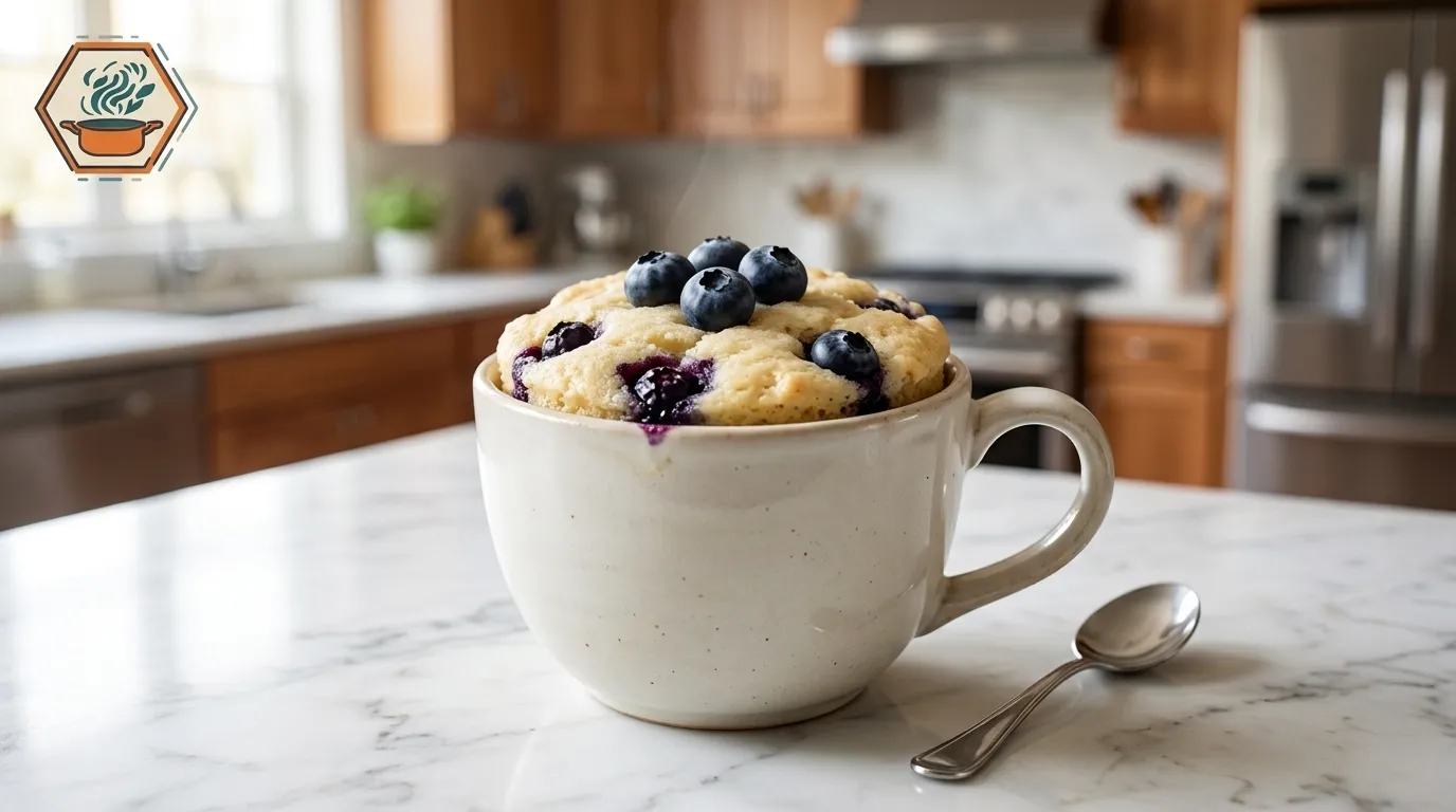 Sugar-Free Blueberry Mug Cake in 7 Minutes 2 Sugar-free blueberry mug cake with fresh blueberries on a white marble counter