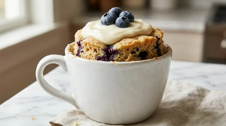 Blueberry cheesecake mug cake with fresh blueberries and creamy frosting in a white mug