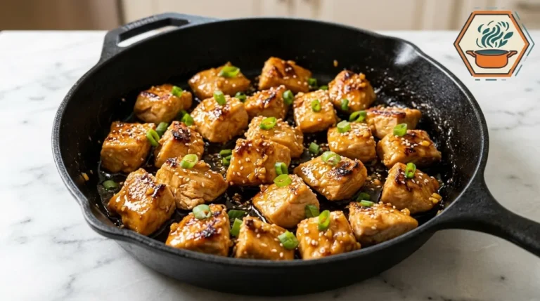 Skillet of sticky garlic honey chicken bites garnished with sesame seeds and scallions