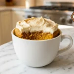 Sugar-free pumpkin spice cheesecake mug cake with cream cheese topping on white marble