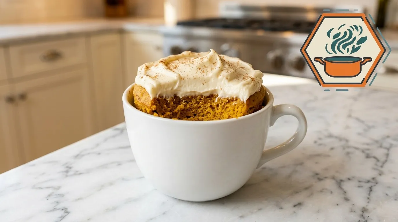 Sugar-Free Pumpkin Spice Cheesecake Mug Cake 2 Sugar-free pumpkin spice cheesecake mug cake with cream cheese topping on white marble