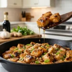 Sticky garlic honey chicken bites with sesame seeds and green onions in a black skillet
