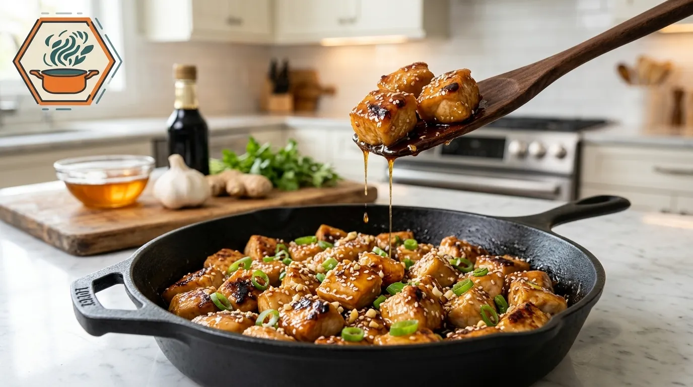 Sticky garlic honey chicken bites with sesame seeds and green onions in a black skillet