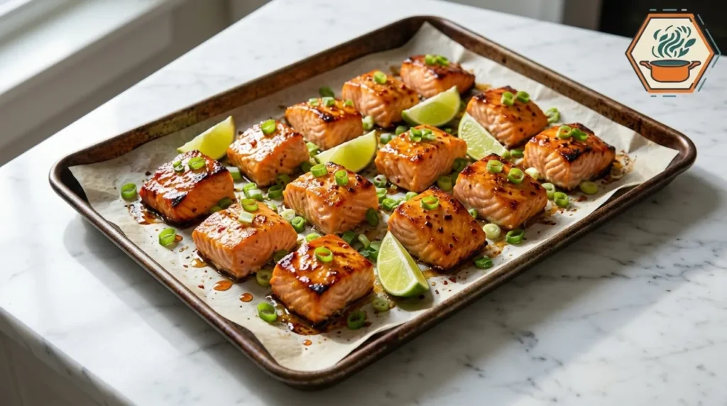 Hot honey lime salmon bites with caramelized edges, green onions, lime wedges, and honey glaze on a baking sheet