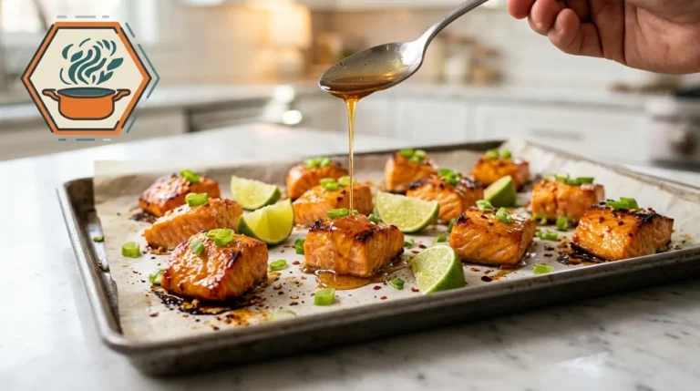 Hot Honey Lime Salmon Bites (Sticky & Crispy) 3 Oven-baked hot honey lime salmon bites garnished with green onions and fresh lime wedges