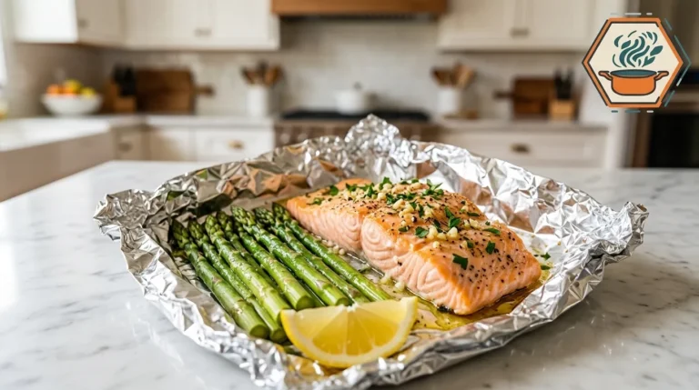Garlic Lemon Salmon and Asparagus Foil Packets 15 Close-up of baked garlic lemon salmon with asparagus in foil