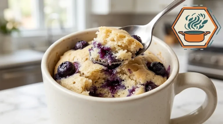 Sugar-Free Blueberry Mug Cake in 7 Minutes 3 Moist inside of a sugar-free blueberry mug cake on a spoon