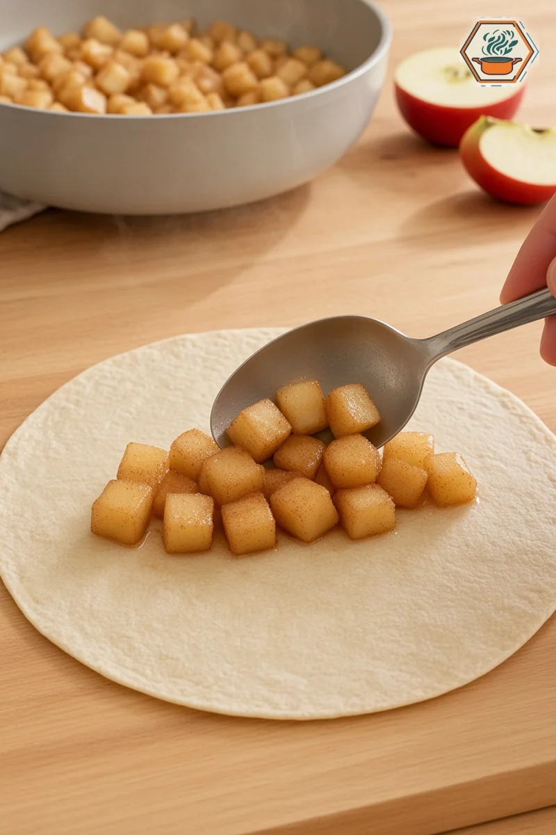Apple filling spooned onto a flour tortilla before rolling