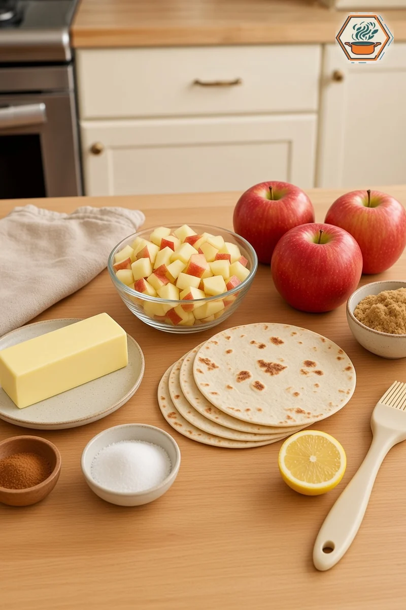 Ingredients for apple pie tortilla roll-ups arranged on a kitchen counter