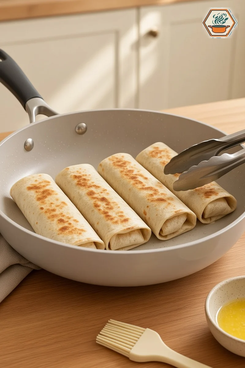 Filled apple tortilla rolls browning seam-side down in a skillet