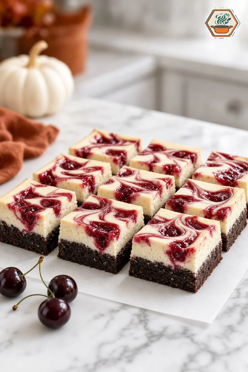 Black Forest Cheesecake Brownie Bars Black Forest cheesecake brownie bars cut into squares showing fudgy brownie, cheesecake and cherry layers