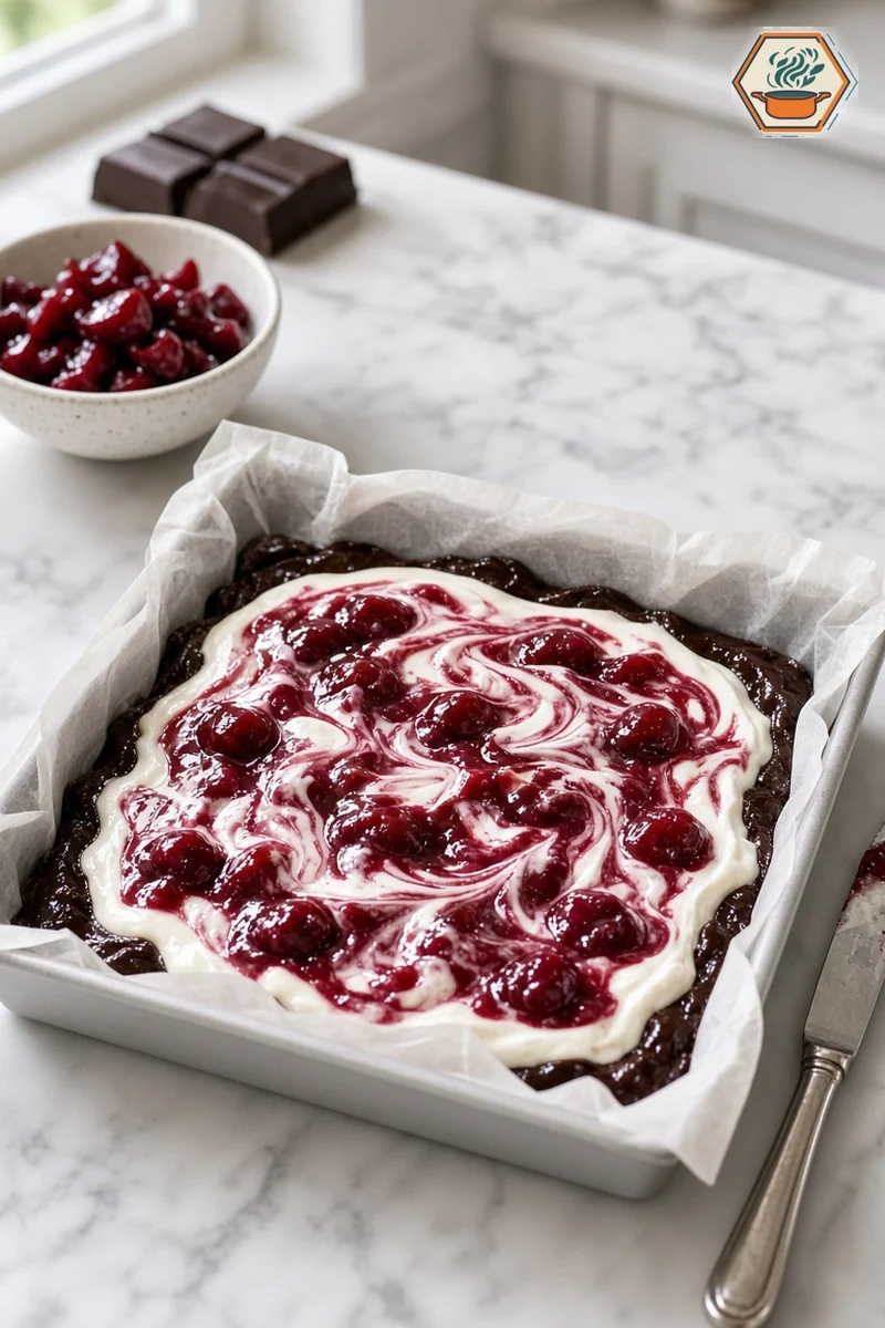Black Forest Cheesecake Brownie Swirl Before Baking Unbaked Black Forest cheesecake brownie batter with a cherry swirl in a parchment-lined square pan
