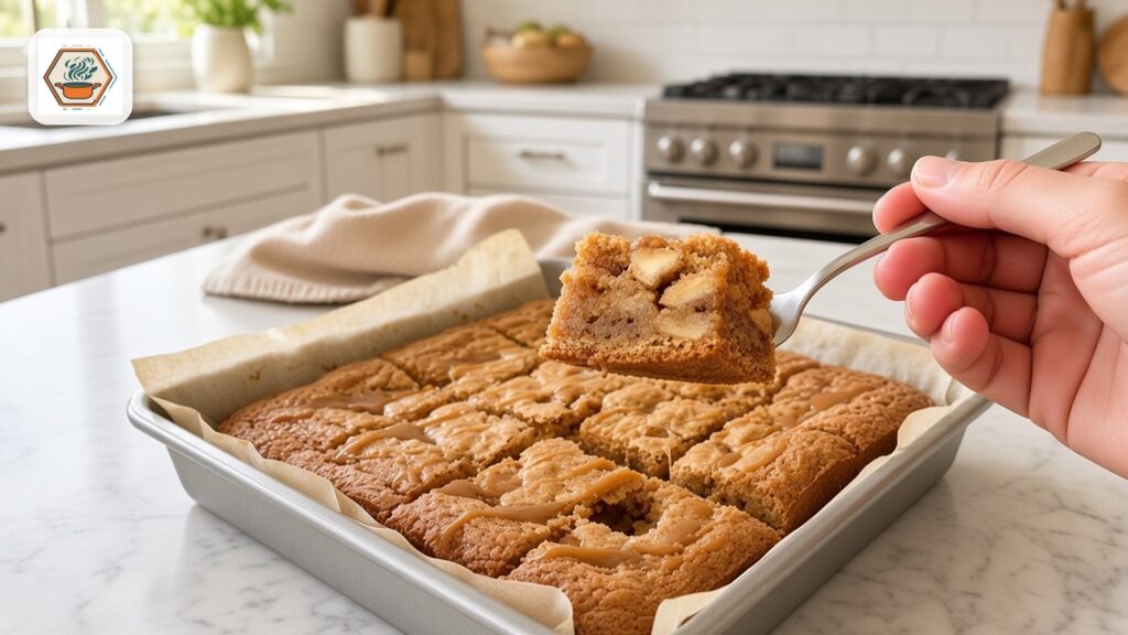 Caramel apple blondies square lifted on a dessert fork from a parchment-lined pan with caramel drizzle on white marble
