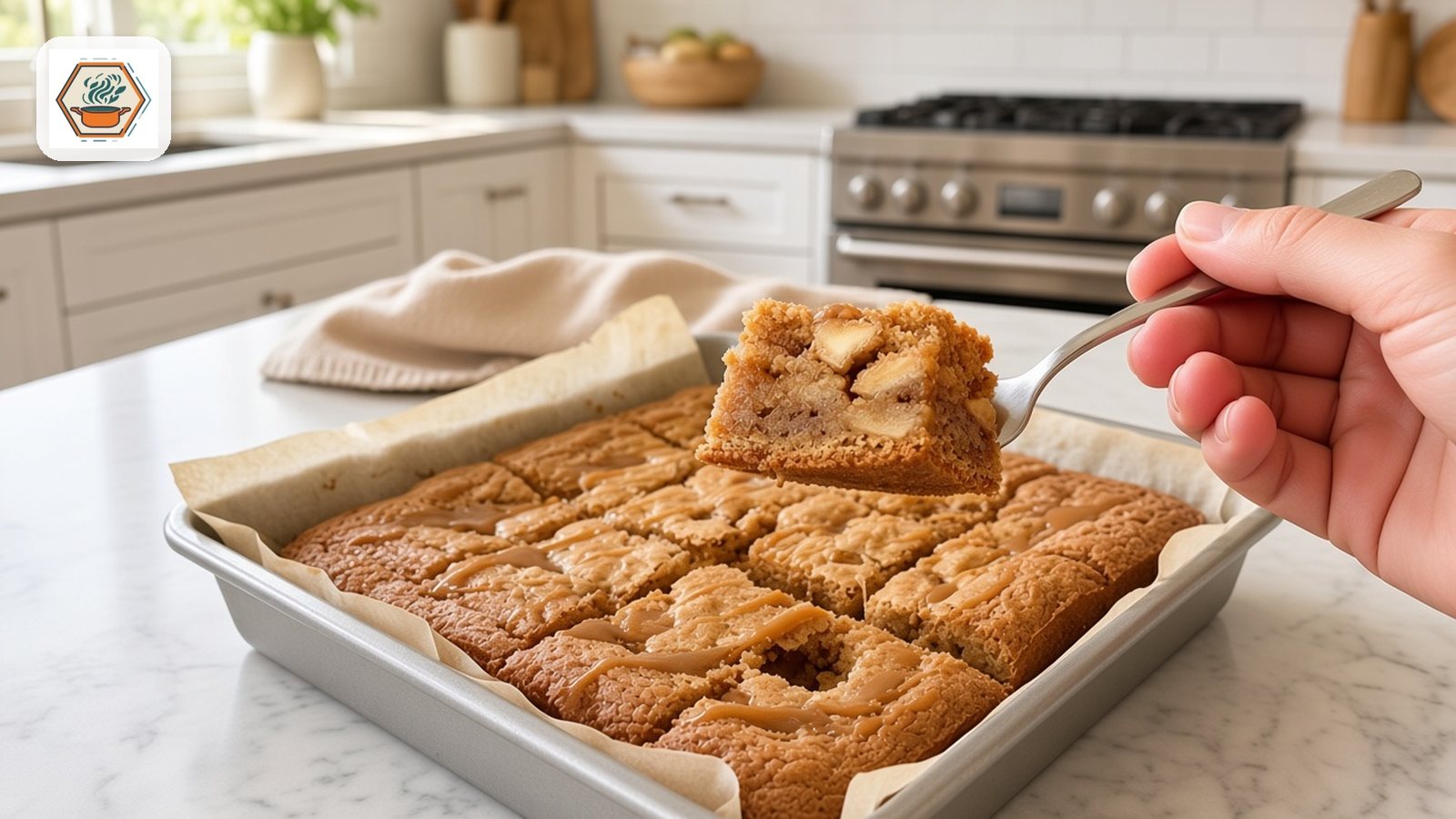Easy Caramel Apple Blondies with Brown Butter (16 Squares) 2 Caramel apple blondies square lifted on a dessert fork from a parchment-lined pan with caramel drizzle on white marble