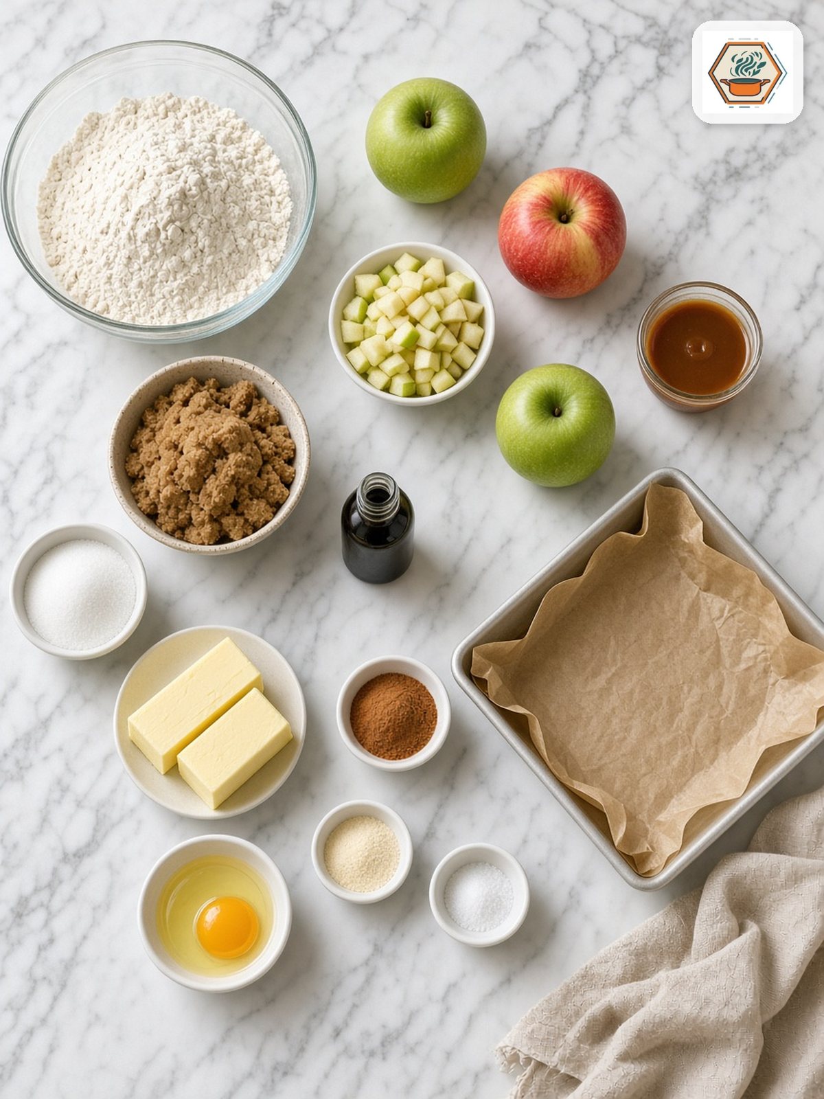 Caramel Apple Blondies Ingredients – RecipesMind Ingredients for caramel apple blondies: flour, brown sugar, butter, eggs, vanilla, apples, cinnamon and caramel sauce on white marble