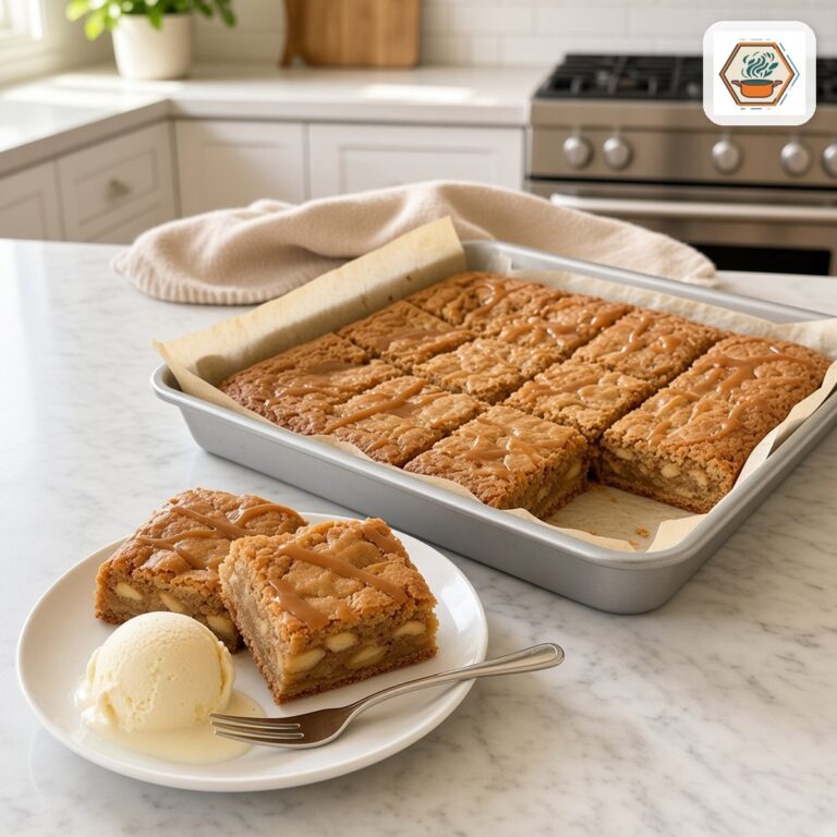 Easy Caramel Apple Blondies with Brown Butter (16 Squares) 3 Two caramel apple blondies on a white plate with vanilla ice cream and a fork