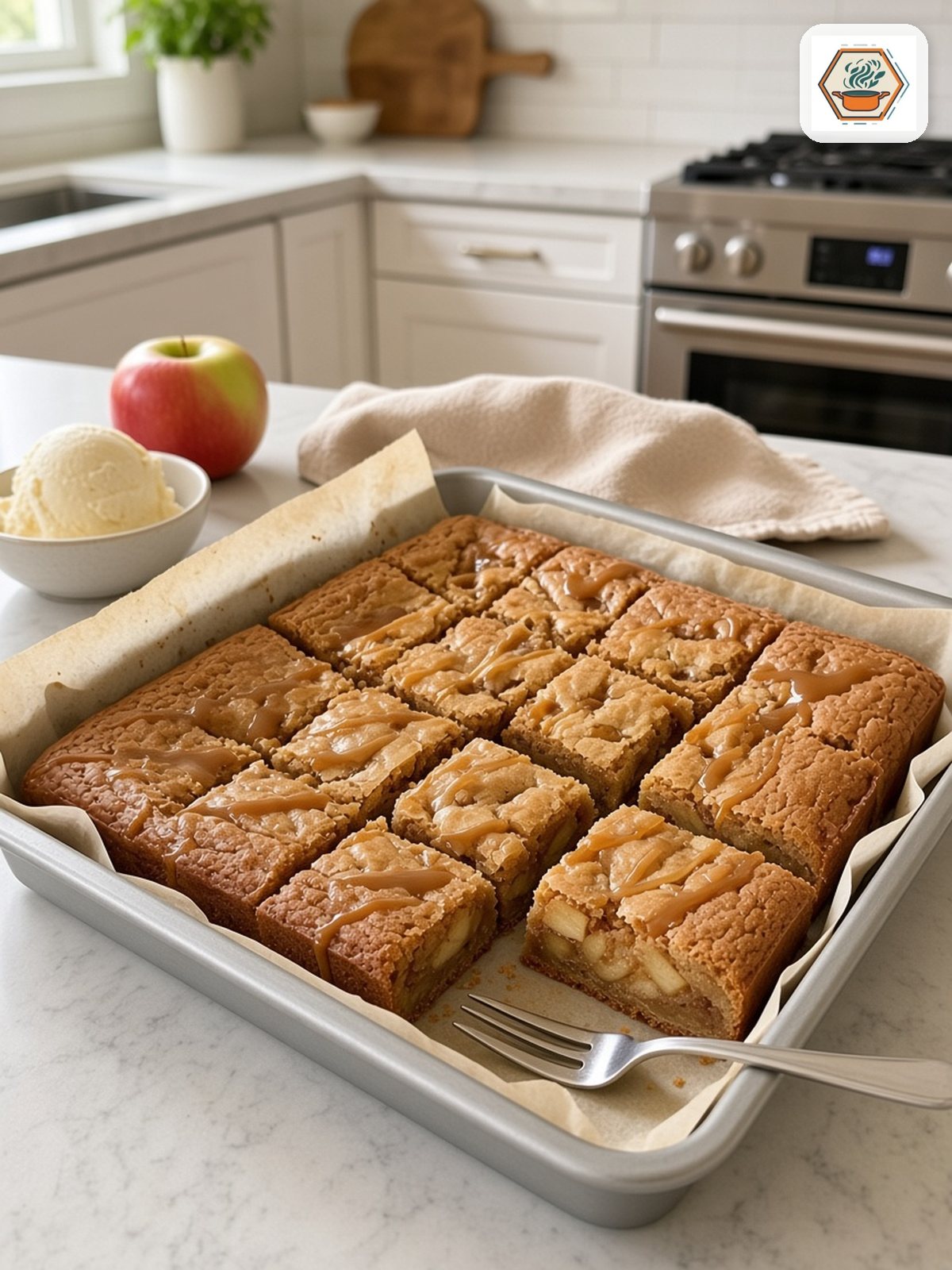 Sliced Caramel Apple Blondies – RecipesMind Pan of caramel apple blondies cut into 16 squares with vanilla ice cream and a red apple on a white marble counter