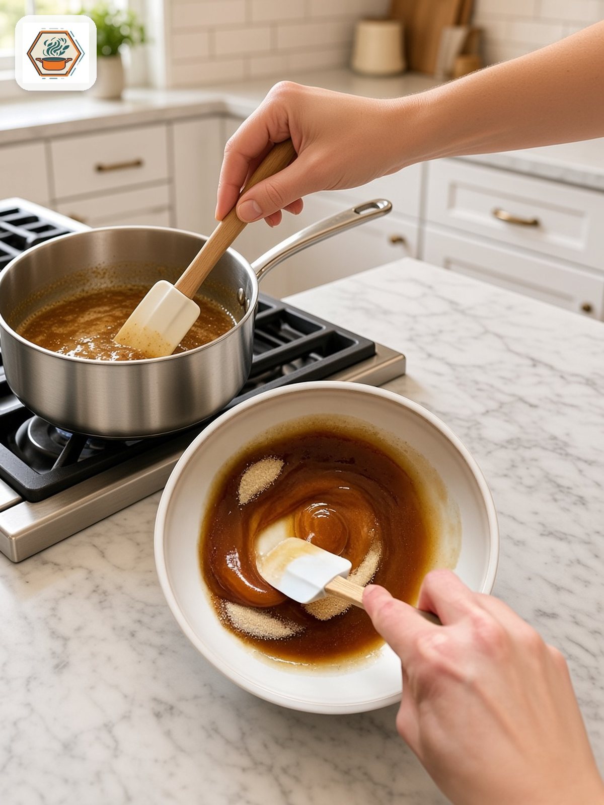 Brown Butter and Sugar – RecipesMind Browned butter with golden specks in a stainless saucepan next to a bowl of brown butter and sugar for caramel apple blondies