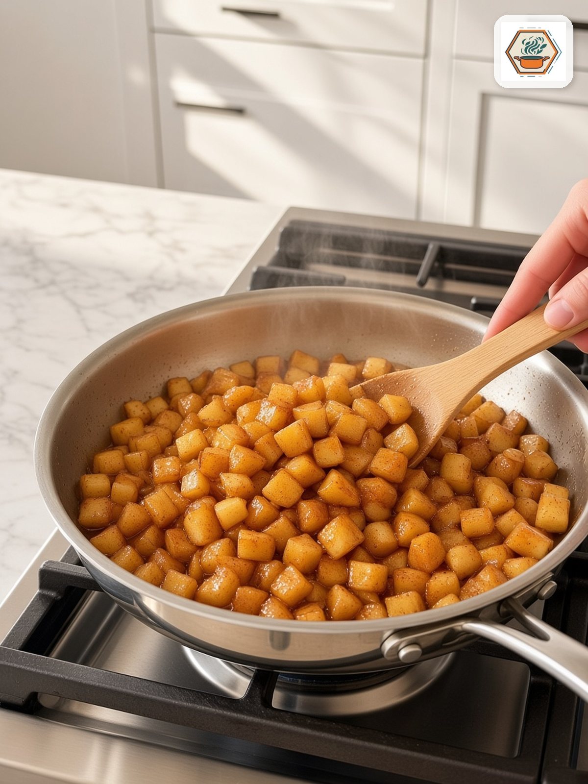 Cooked Cinnamon Apples – RecipesMind Diced cinnamon apples cooking in a stainless skillet with a wooden spoon for caramel apple blondies