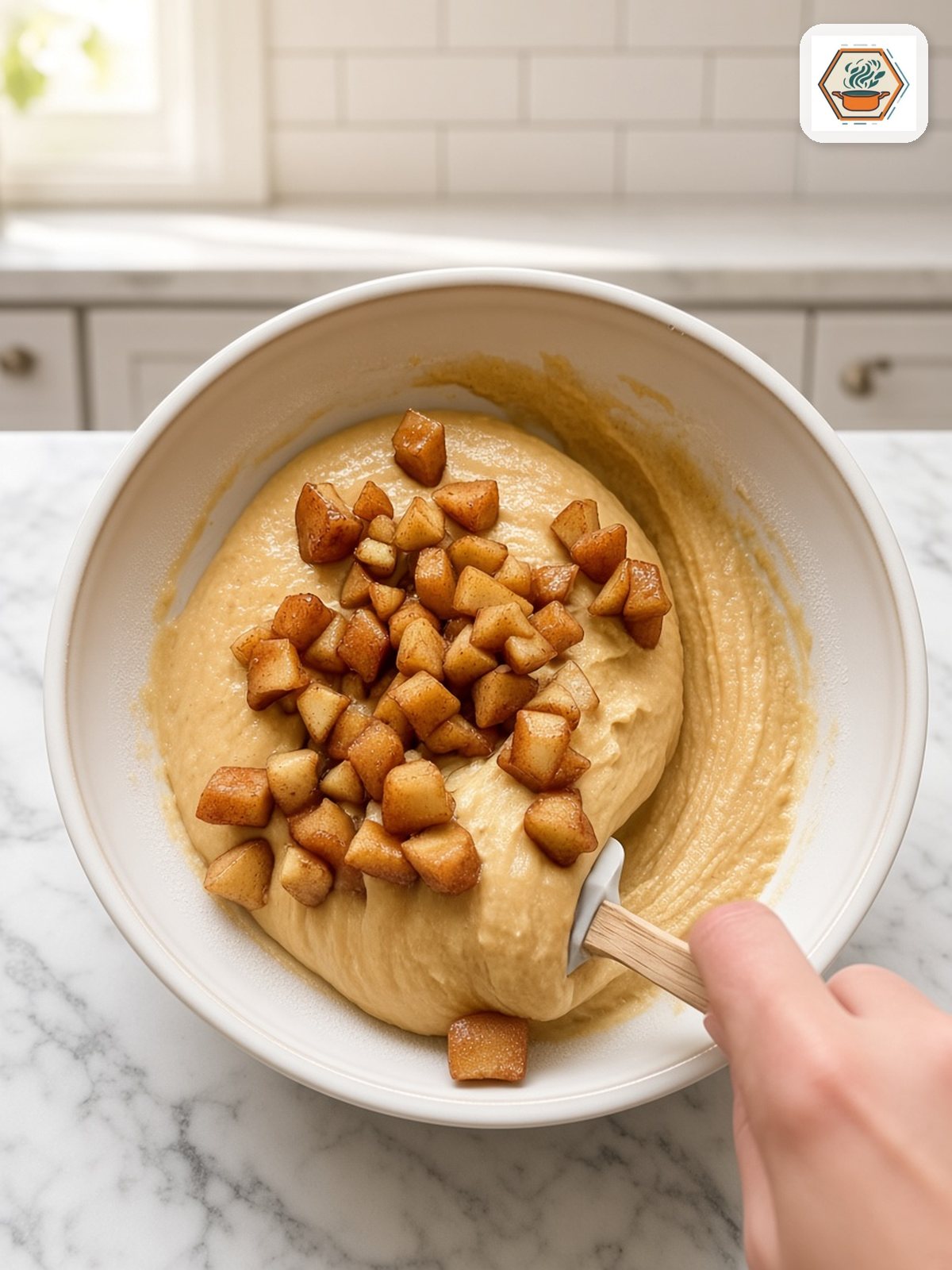 Folding in the Apples – RecipesMind Thick blondie batter with diced cinnamon apples folded in with a white spatula in a white bowl