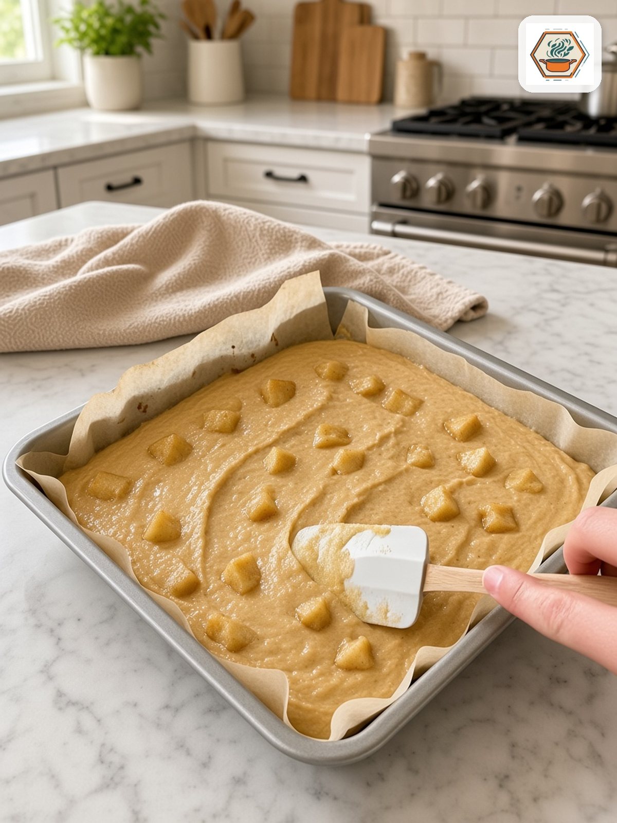 Batter in the Pan – RecipesMind Unbaked caramel apple blondies batter with apple pieces spread in a parchment-lined 9-inch square pan
