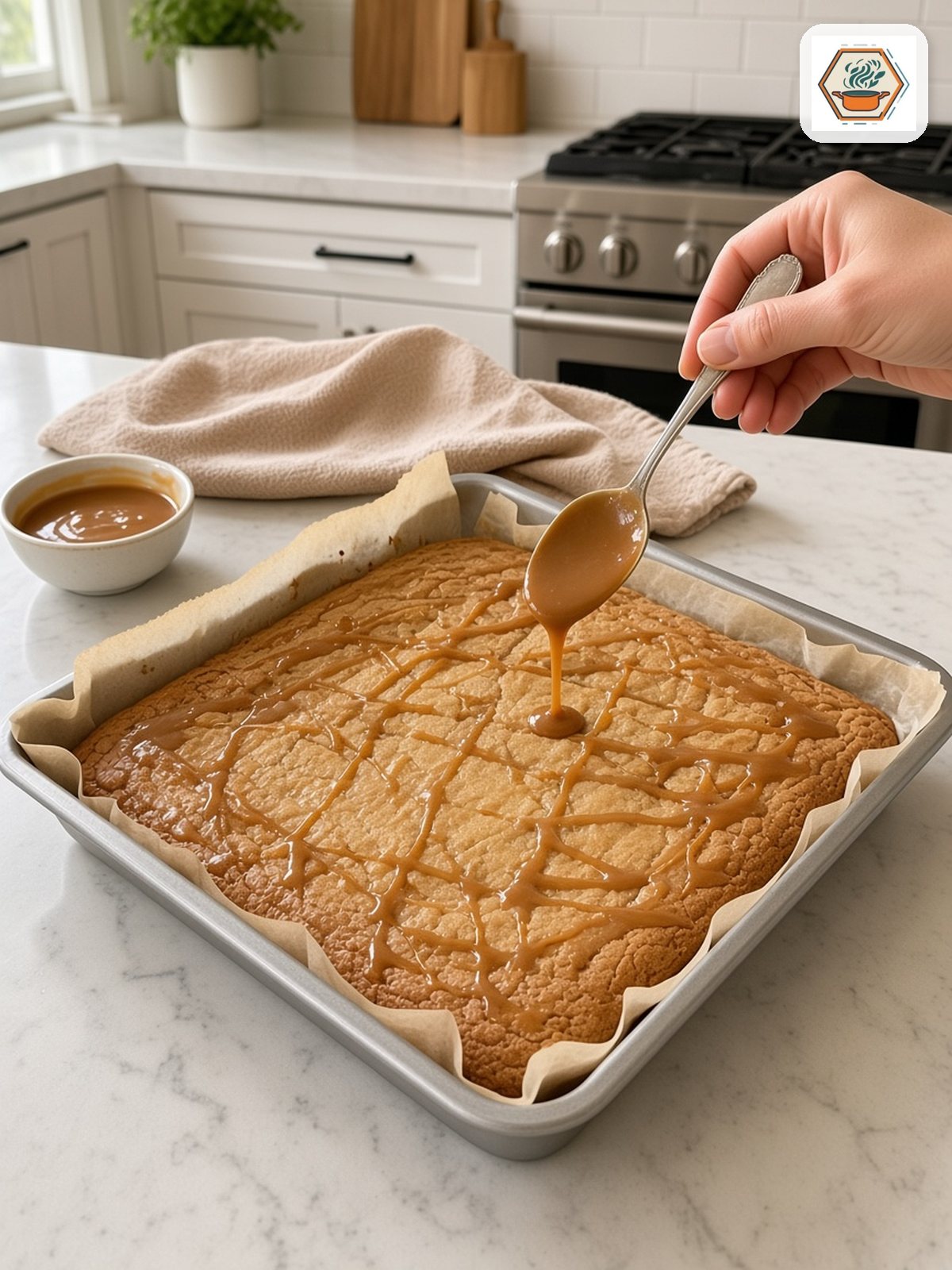 Caramel Drizzle – RecipesMind Caramel sauce drizzled from a spoon in a zig-zag over a pan of baked caramel apple blondies