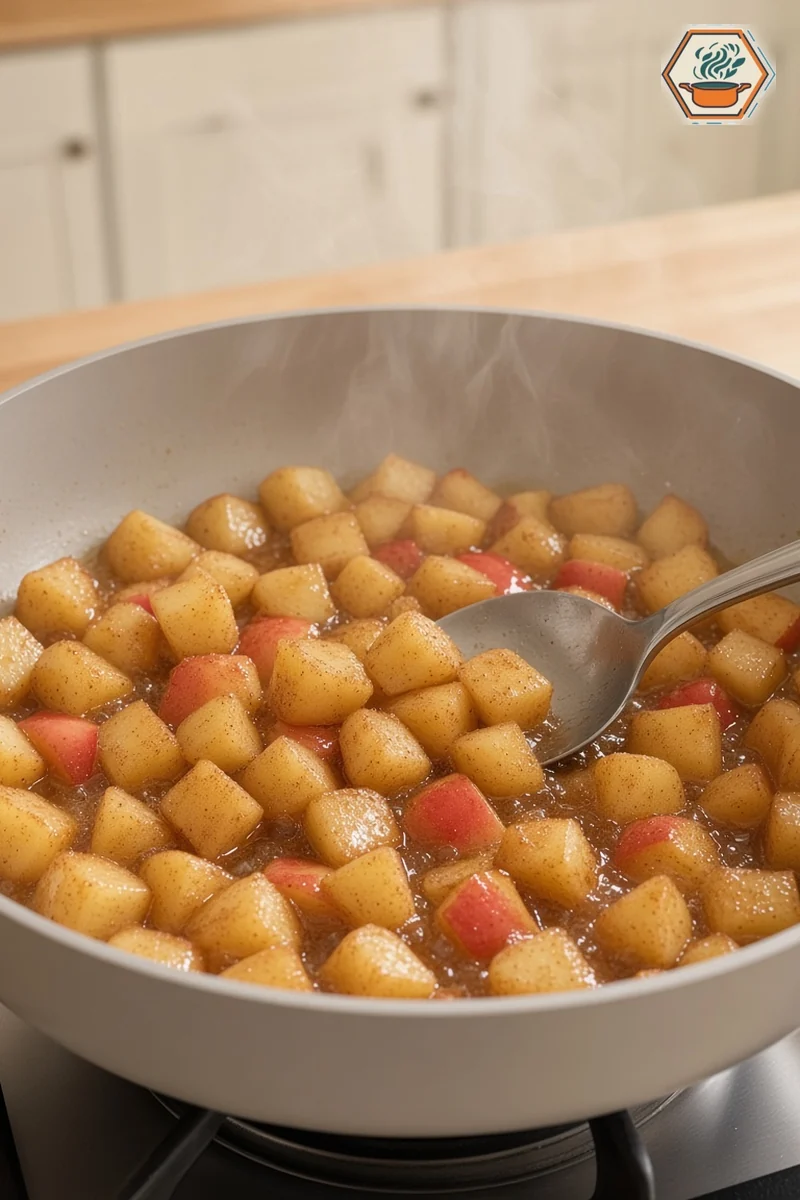 Diced cinnamon apples cooking in a skillet until thick and glossy