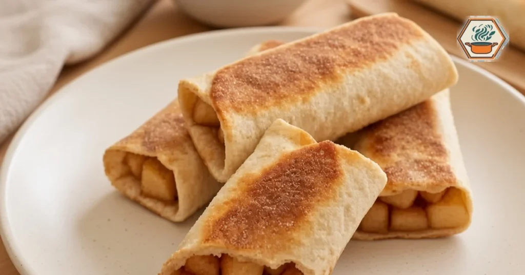 Cinnamon sugar apple pie roll-ups with diced apple filling on a speckled plate