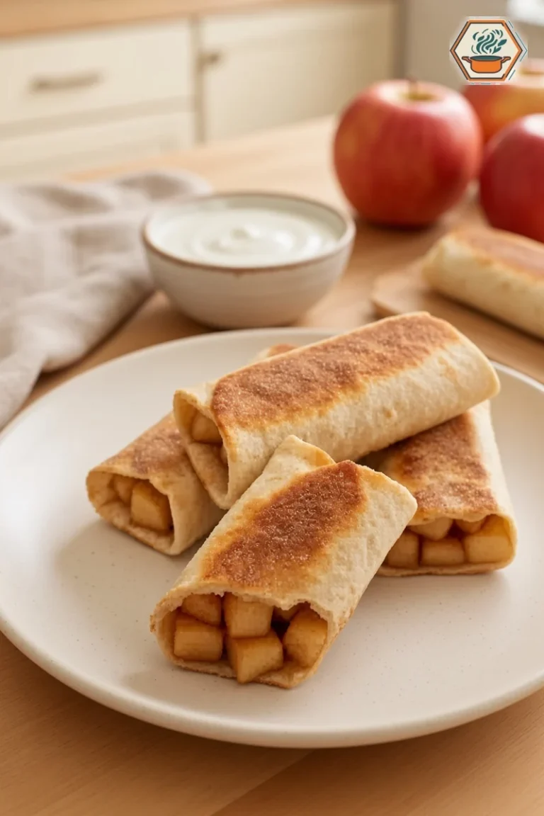 Golden cinnamon sugar apple pie roll-ups on a speckled plate showing warm diced apple filling