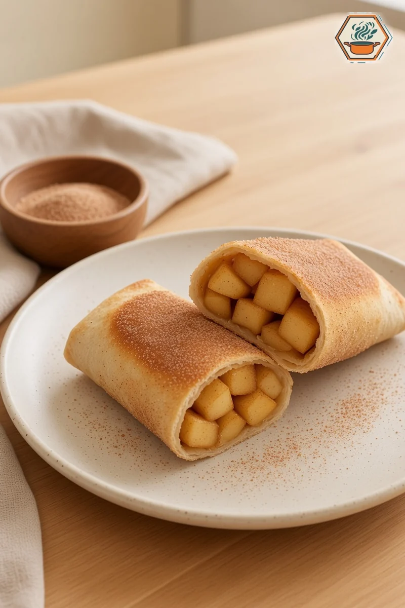 Cinnamon sugar apple pie roll-ups cut in half to show the tender diced apple center