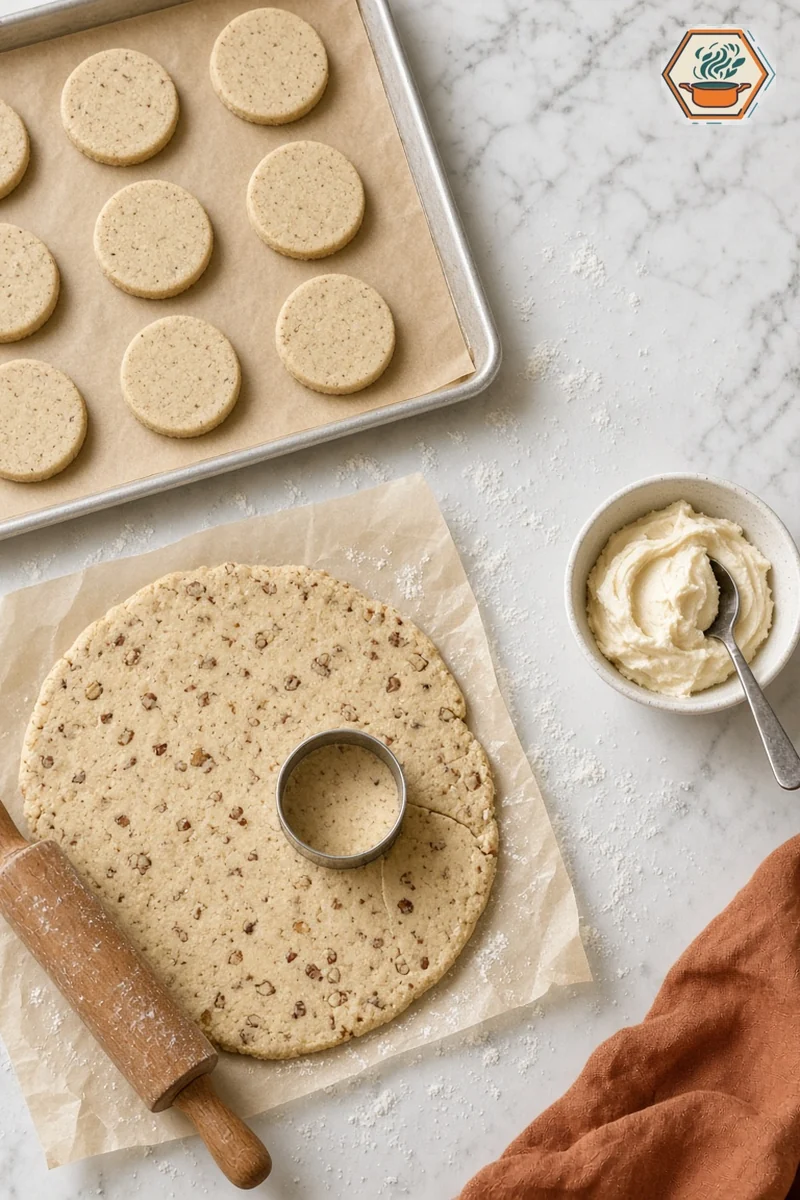Cutting Maple Pecan Shortbread Dough Rolled maple pecan shortbread dough with a round cutter, cut rounds on a baking sheet and a bowl of buttercream