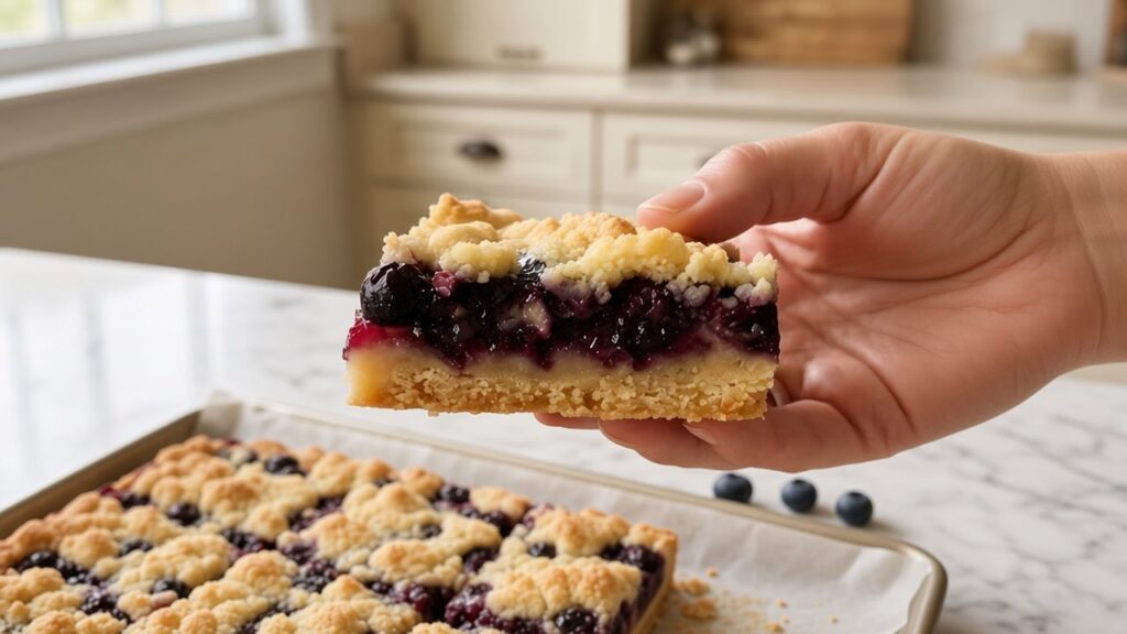 Hand holding a thick lemon blueberry crumble bar with shortbread base, jammy blueberry filling and golden crumble topping on white marble