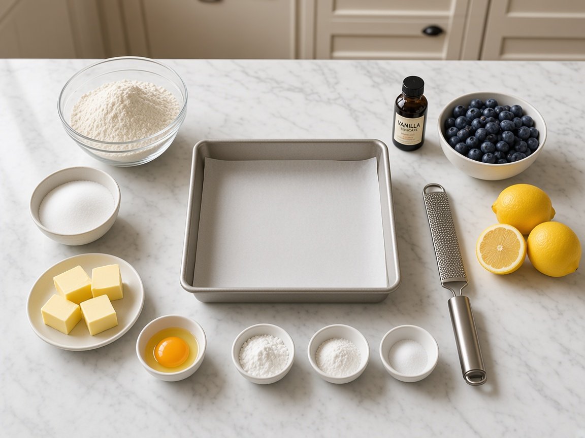 Ingredients for lemon blueberry crumble bars: flour, sugar, cold cubed butter, egg yolk, blueberries, lemons and cornstarch on white marble