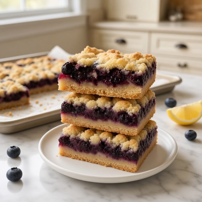 Stack of three lemon blueberry crumble bars on a white plate showing shortbread crust, blueberry filling and crumble topping