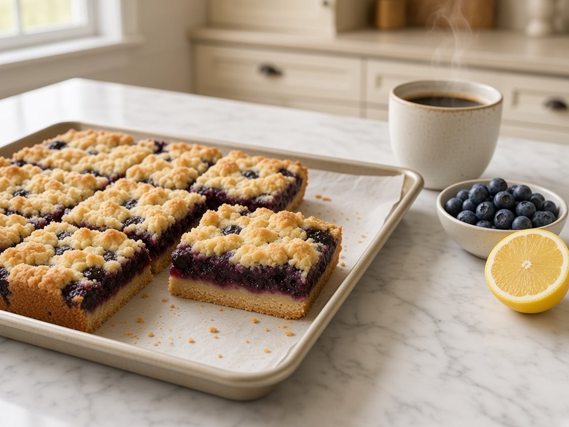 Sliced lemon blueberry crumble bars on parchment with fresh blueberries, lemon and coffee on a white marble counter