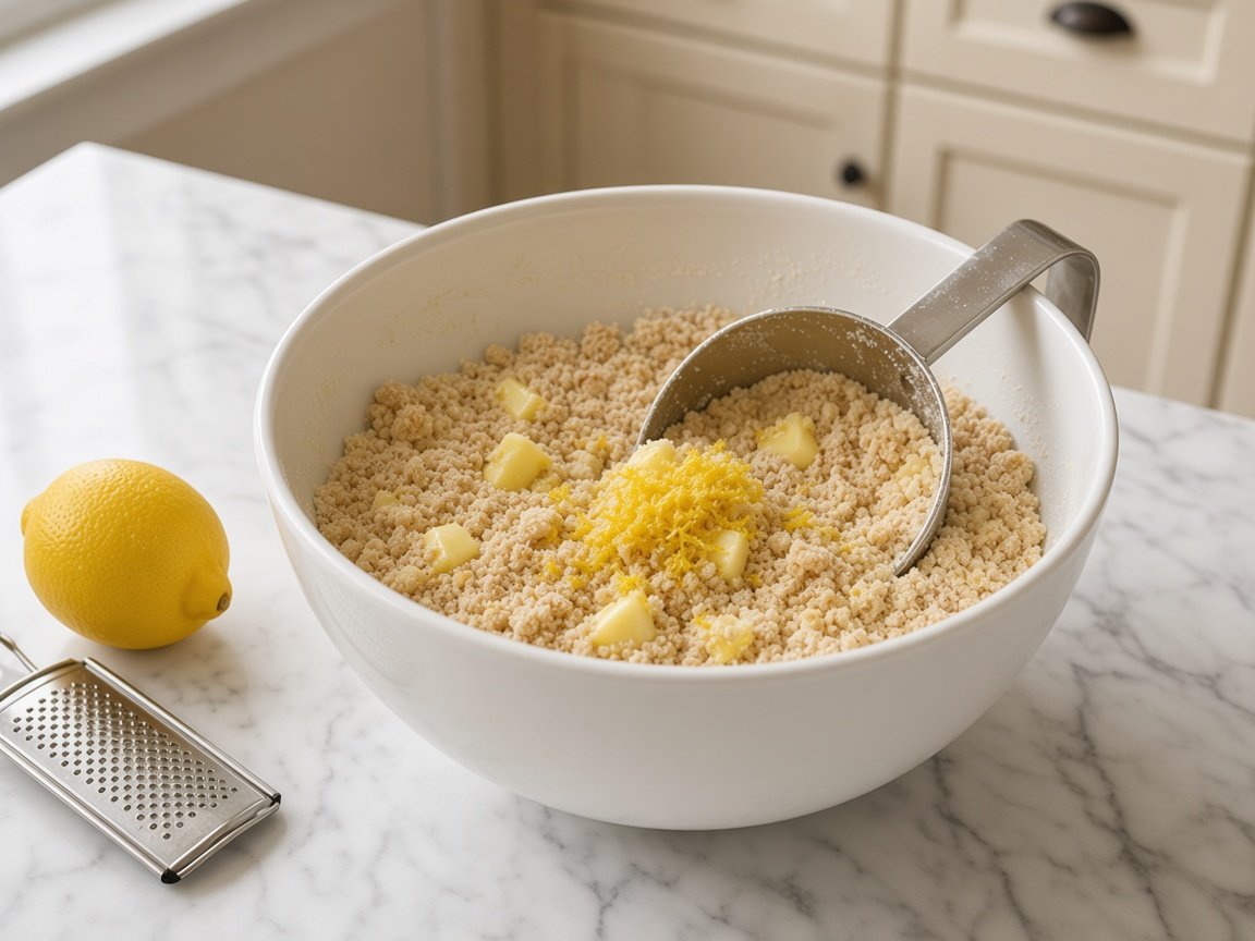 Hands cutting cold butter into lemon sugar and flour for crumble bar dough in a white bowl