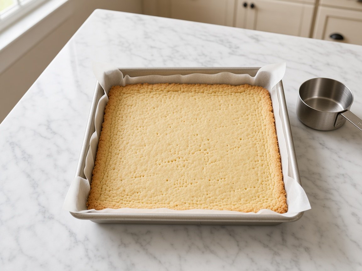 Par-baked pale golden shortbread crust pressed into an 8-inch square pan lined with parchment