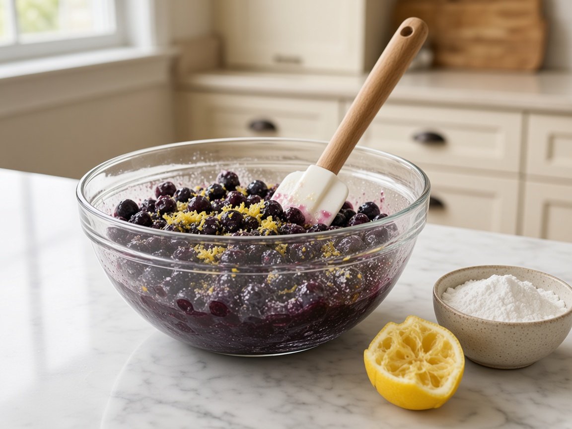 Fresh blueberries tossed with sugar, cornstarch, lemon juice and lemon zest in a glass bowl