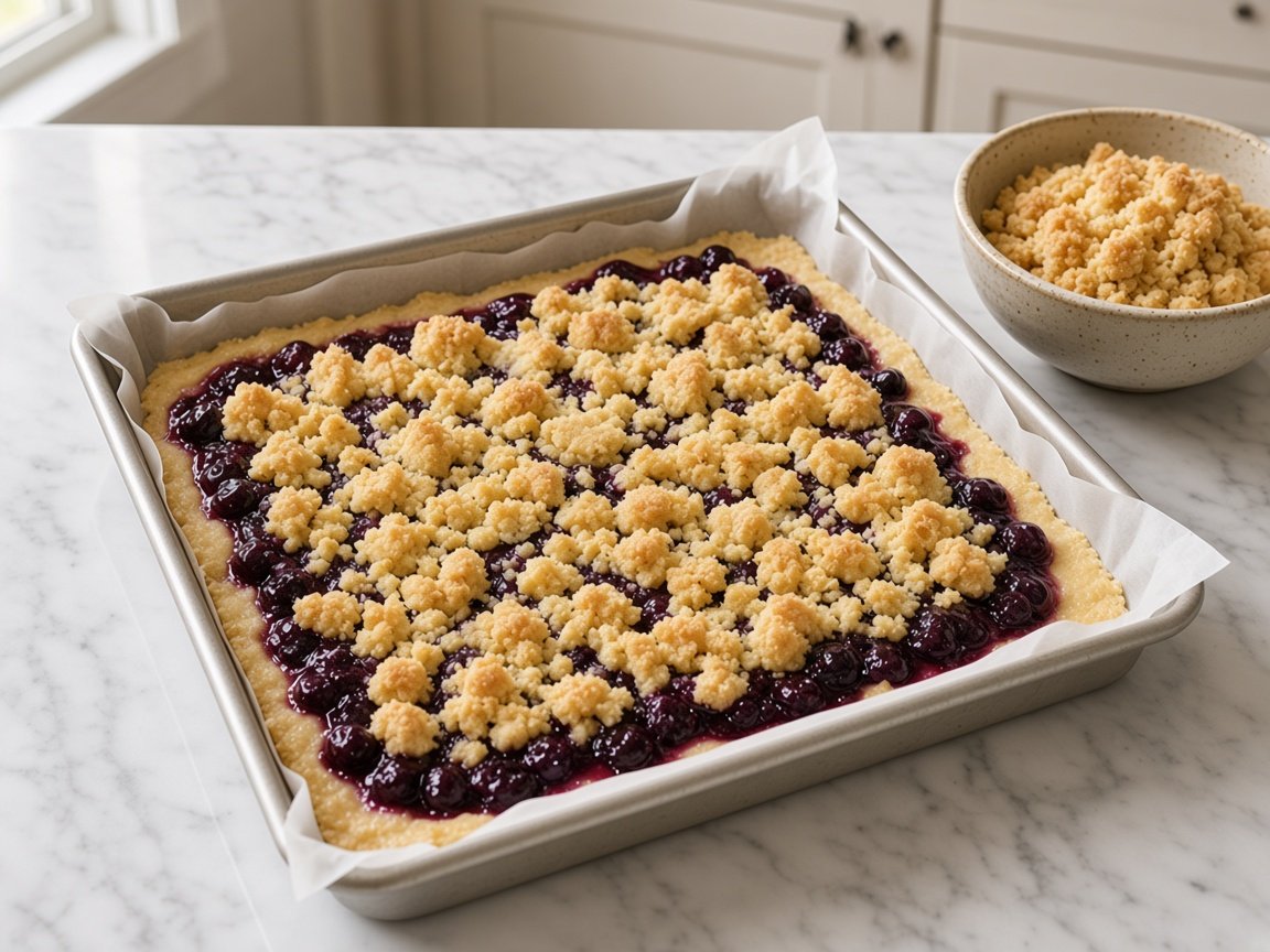 Hand scattering chunky crumble topping over a thick blueberry layer in a square baking pan
