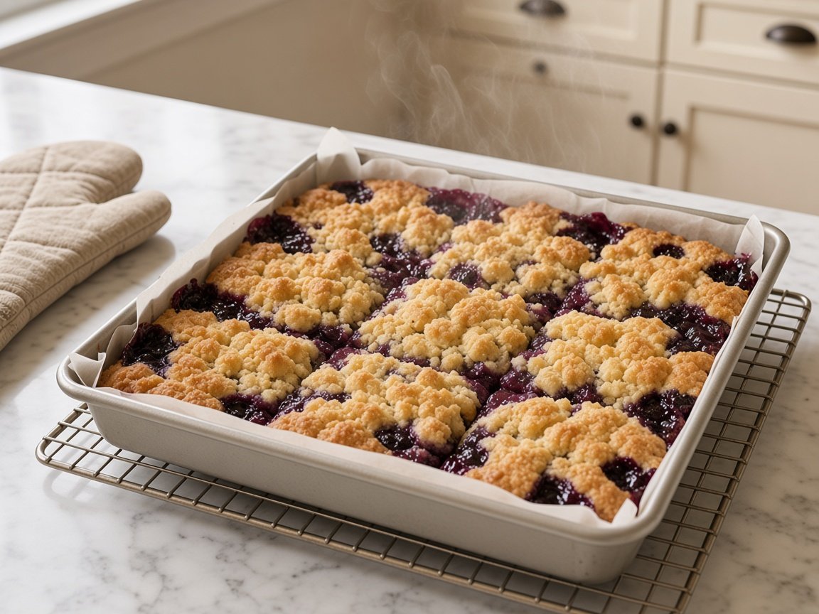 Freshly baked lemon blueberry crumble bars in the pan with golden topping and bubbling blueberry filling
