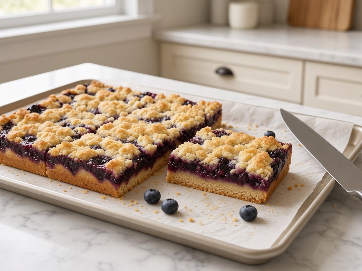 Chilled lemon blueberry crumble bars being cut into clean squares with a sharp knife on parchment