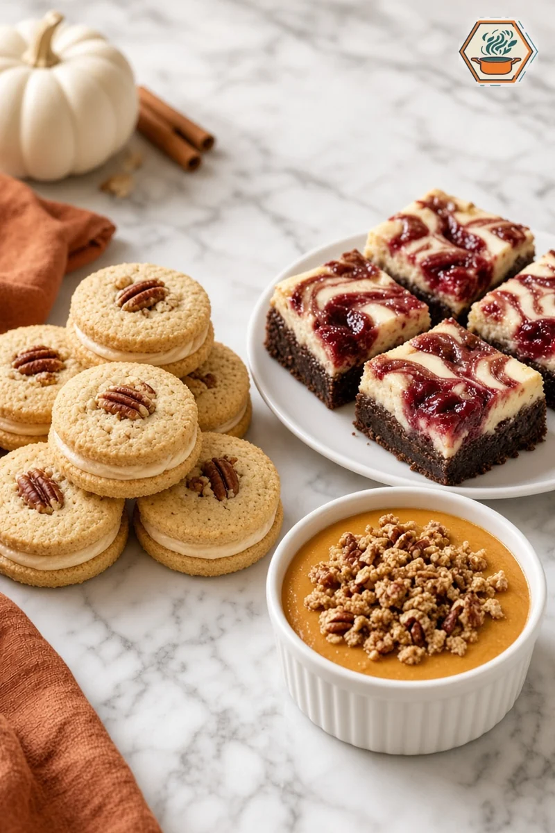 Maple Pecan Cookies, Cheesecake Brownies and Pumpkin Custard Three fall desserts: maple pecan cookies, Black Forest cheesecake brownie bars and a pumpkin custard cup