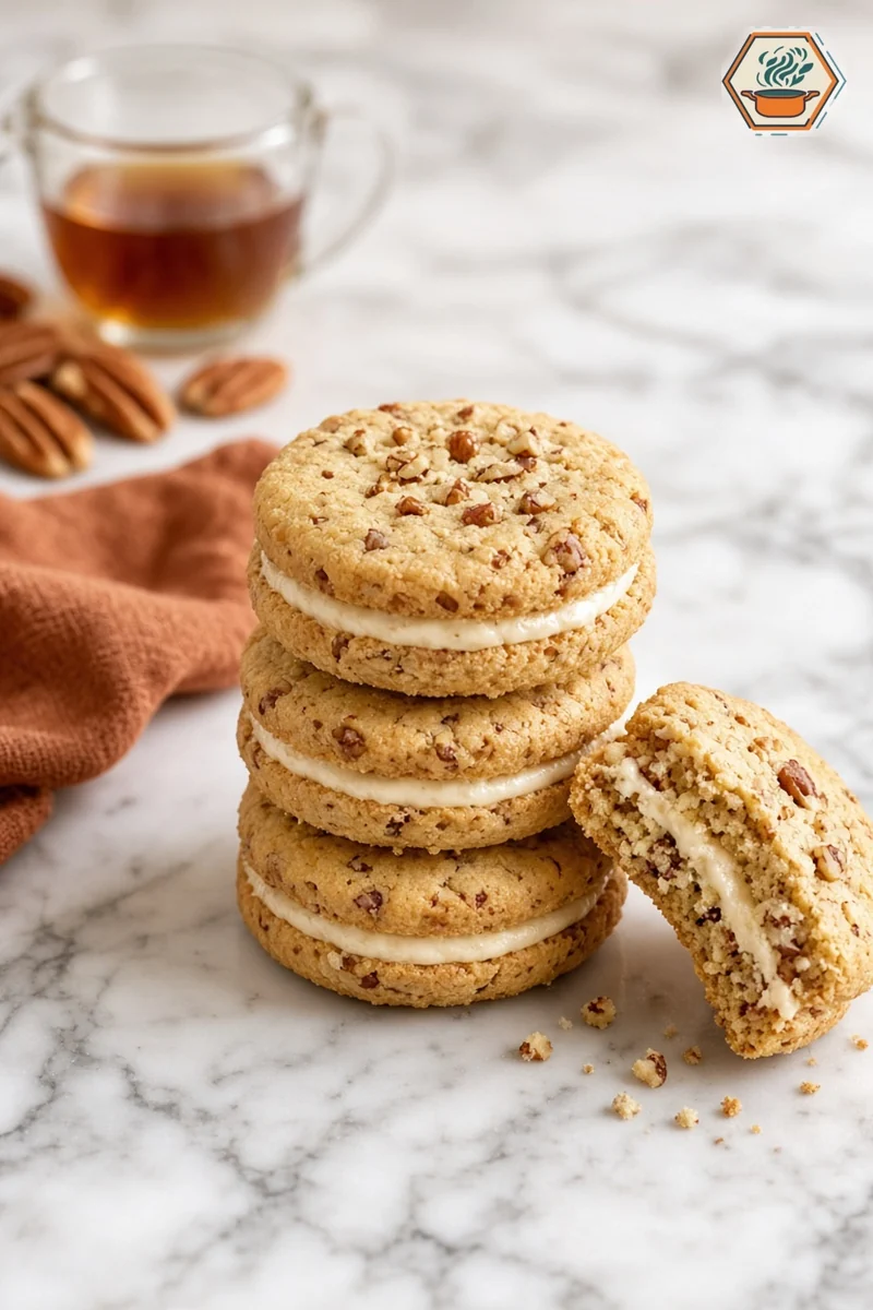 Maple Pecan Shortbread Sandwich Cookies Stack of maple pecan shortbread sandwich cookies with maple buttercream and one cookie bitten