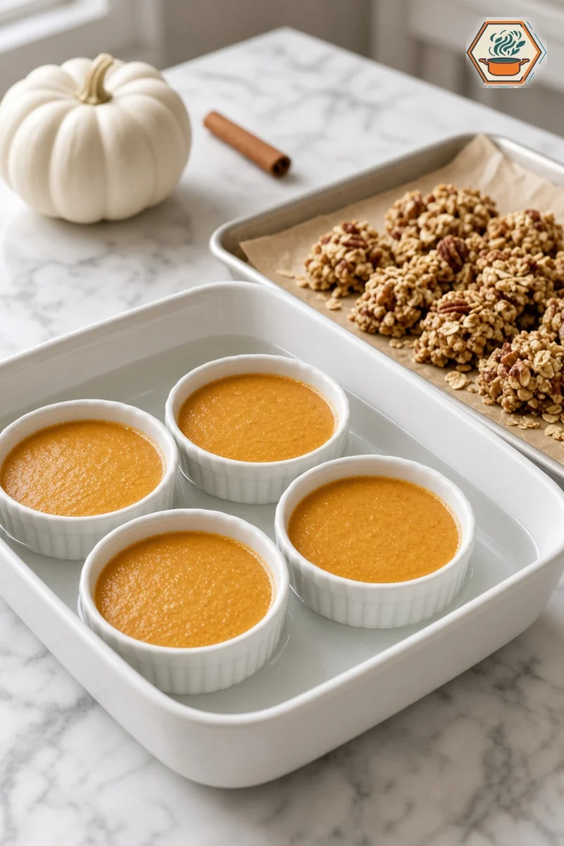 Pumpkin Custard Ramekins in a Water Bath Four pumpkin custard ramekins in a baking dish for a water bath with pecan oat crumble on a sheet pan