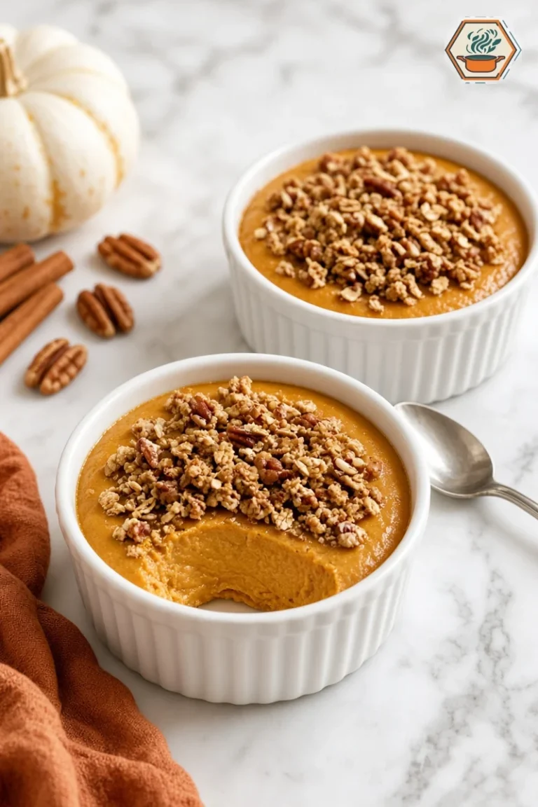 3 Fall Desserts: Maple Cookies, Brownie Bars & Pumpkin Cups 13 Two pumpkin pecan custard cups topped with oat crumble, one with a spoonful taken out