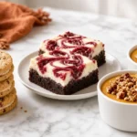 Maple pecan sandwich cookies, cherry cheesecake brownie bars and pumpkin custard cups on a marble counter